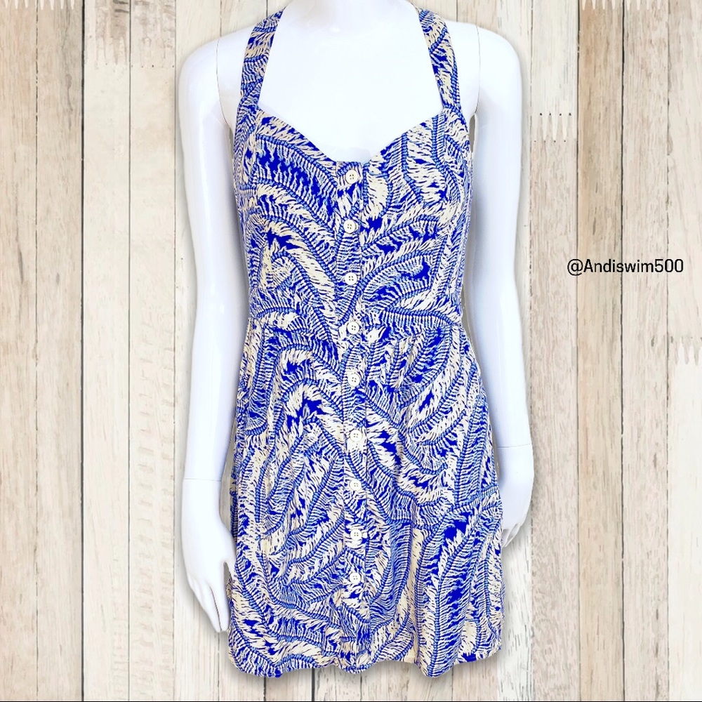 UO Staring at Stars Cream & Blue Button Dress; XS